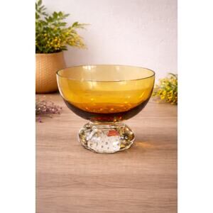 Vintage Amber Art Glass Compote Bowl Bubble Base Pedestal Made in Portugal